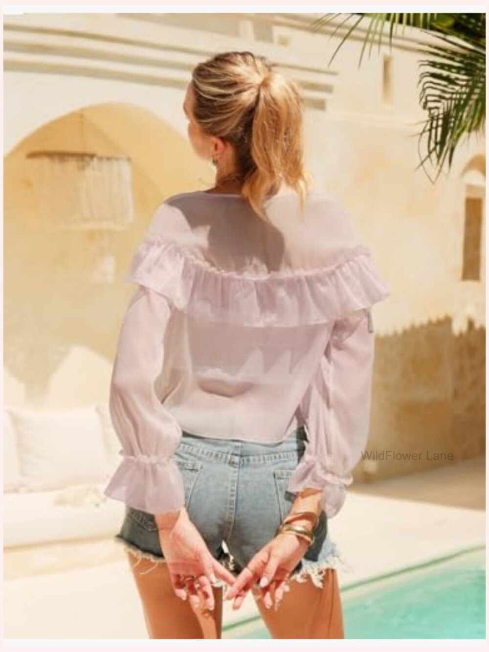 Lace Tie Front Blouse Flowy Long Sleeve V Neck Boho Shirt - Picture 5 of 7